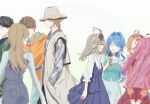  >_< 3boys 5girls ahoge akechi_anna amane_sachika antenna_hair arms_behind_back black_hair blue_hair brown_hair coat commentary_request company_connection earrings hand_in_pocket hat highres holding holding_ice_cream_cone hood hoodie howa_kurea ice_cream_cone inoue_shouma jewelry kamen_rider kamen_rider_gavv_(series) karakida_hanto kobayashi_mikuru lakia_amarga long_hair maso_(01mogu05) meitantei_precure! moria_luluka multiple_boys multiple_girls orange_hoodie precure purple_hair shine_arcana_rod sleeveless sleeveless_coat smile toei_company 