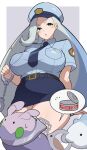  1girl 2others blue_eyes blue_necktie blue_skirt breasts commentary_request cuffs goomy grey_background handcuffs holding holding_handcuffs large_breasts long_hair looking_at_viewer mature_female melony_(pokemon) mituyota_76 multiple_others necktie pokemon pokemon_(creature) pokemon_sword_and_shield police police_uniform policewoman skirt snom speech_bubble 