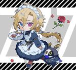  1boy ahoge apron arm_belt bangboo_(zenless_zone_zero) belt belt_buckle black_belt black_dress black_shoes blonde_hair bracelet buckle chest_harness chibi chibi_only closed_mouth commentary_request crossdressing crossdressing_(mtf) cup dress ear_piercing enmaided falling_petals fang fang_out floating_hair flower frilled_apron frilled_dress frills gold_bracelet gold_ring grey_background grey_eyes hair_between_eyes hair_ornament harness heterochromia holding holding_hands holding_tray hugo_vlad jewelry juliet_sleeves long_hair long_sleeves looking_at_viewer low_ponytail maid maid_apron maid_headdress male_focus male_maid mole mole_under_eye outline parted_bangs petals piercing pleated_dress pointy_ears ponytail puffy_sleeves red_eyes red_flower red_rose ring robin_(zenless_zone_zero) rose rose_petals saucer shoes sidelocks smile solo sweet_love4s tea teacup teapot tray two-tone_background very_long_hair white_apron white_background white_outline zenless_zone_zero 
