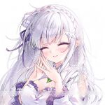  1girl blush braid breasts cleavage closed_eyes closed_mouth clothing_cutout commission crown_braid detached_sleeves dress emilia_(re:zero) flower frilled_dress frilled_sleeves frills hair_flower hair_ornament hair_ribbon highres large_breasts long_hair mihuashi_commission own_hands_together pointy_ears purple_ribbon re:zero_kara_hajimeru_isekai_seikatsu ribbon rose sayaaatat sidelocks simple_background smile solo steepled_fingers too_many_watermarks upper_body watermark white_background white_flower white_hair white_rose white_sleeves 
