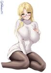  1girl artist_name blonde_hair blush breasts commentary_request ebifurya glasses hair_between_eyes hair_ornament hand_on_own_chest hand_up highres kantai_collection large_breasts long_hair northampton_(kancolle) one-hour_drawing_challenge pantyhose parted_bangs semi-rimless_eyewear sidelocks simple_background sitting smile solo sweater turtleneck turtleneck_sweater twitter_username white_background white_sweater 