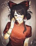  1girl alternate_costume alternate_hairstyle bead_bracelet beads bespectacled blush bow bracelet brown_eyes brown_hair character_name chinese_clothes commentary_request double_bun dress frilled_bow frilled_hair_tubes frills glasses hair_bow hair_bun hair_tubes hakurei_reimu highres jewelry long_hair neruko_(piano00324) qipao red-framed_eyewear red_bow red_dress semi-rimless_eyewear short_sleeves solo touhou under-rim_eyewear upper_body 