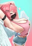  1girl absurdres angels_of_delusion_kfc_bag aqua_background arm_strap armpits arms_up black_mask breasts cleavage commentary cosplay cowboy_shot denim denim_shorts feathered_wings from_side gradient_background hair_ornament hairclip heart highres long_hair looking_at_viewer mask midriff mouth_mask outline pink_background pink_hair purple_eyes redi_(rasec_asdjh) remielle_dan revision shorts simple_background solo spoken_heart sunna_(delusions_in_business)_(zenless_zone_zero) sunna_(zenless_zone_zero) white_outline white_wings wings zenless_zone_zero 