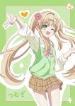  1girl :d ;d absurdres alternate_costume arm_up blonde_hair bow brown_skirt butterfly_hair_ornament casual chest_bow commentary cowboy_shot floating_hair flower green_background green_eyes green_sweater_vest hair_between_eyes hair_flower hair_intakes hair_ornament hand_up happy heart heart_hair_ornament highres kenken413 long_hair long_sleeves looking_at_viewer miniskirt one_eye_closed open_mouth outline pink_bow pink_flower plaid_clothes plaid_skirt pleated_skirt shirt simple_background skirt sleeves_rolled_up smile solo summer_pockets sweater_vest tsumugi_wenders twintails v very_long_hair white_outline white_shirt x_hair_ornament 