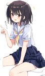  +++ 1girl :d black_hair black_skirt blush chie_(gaman_ga_dekinai_doutei_aniki_to_sunao_ni_narenai_hankou_imouto) commentary_request feet_out_of_frame furrowed_brow gaman_ga_dekinai_doutei_aniki_to_sunao_ni_narenai_hankou_imouto hair_between_eyes hair_ornament hairclip hand_up highres index_finger_raised kneehighs laughing looking_ahead medium_hair miniskirt neckerchief oekaki open_mouth paint_chat_(medium) parallel_hairclips pleated_skirt red_eyes sailor_collar sailor_shirt school_uniform serafuku shiny_skin shirt short_sleeves simple_background sitting skirt smile socks solo takepoison thighs translated wariza white_background white_sailor_collar white_shirt white_socks yellow_neckerchief 