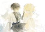  1boy 1girl artist_name bare_shoulders belt black_bow black_bridal_gauntlets black_hair black_shorts black_tank_top blonde_hair blue_cape blue_gem blunt_ends boots bow breasts bridal_gauntlets cape clenched_hand closed_mouth commentary criss-cross_halter detached_sleeves dress english_commentary feather_hair_ornament feathers feet_out_of_frame floating_hair flower gem genshin_impact gold_ring grey_eyes hair_between_eyes hair_flower hair_ornament half-closed_eyes halterneck hand_up hetero highres holding holding_flower jellyfish_cut kyumiya long_sleeves looking_at_another lumine_(genshin_impact) mandarin_collar medium_breasts missing_headwear open_clothes open_shirt parted_bangs pom_pom_(clothes) purple_belt rope scaramouche_(genshin_impact) shirt short_hair short_sleeves shorts sidelocks simple_background sitting sleeveless sleeveless_dress smile tank_top thigh_boots vision_(genshin_impact) wanderer_(genshin_impact) white_background white_boots white_dress white_flower white_shirt white_sleeves yellow_eyes 