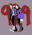  ._. 1boy 1girl artist_name blue_shoes blue_vest blush boots brown_boots brown_hair brown_pants closed_mouth commentary dress english_commentary fingernails full_body grey_background hair_bun hand_in_pocket highres holding_another's_arm hood hood_down hoodie junpei_(kyokugen_dasshutsu) kurashiki_akane kyokugen_dasshutsu kyokugen_dasshutsu:_9_jikan_9_nin_9_no_tobira layered_sleeves long_hair long_sleeves multicolored_socks notice_lines open_clothes open_mouth open_vest pants plaid_clothes plaid_shirt purple_dress red_shirt shirt shoes short_hair short_over_long_sleeves short_sleeves single_hair_bun single_side_bun smile socks twistedmind69xx vest white_hoodie 