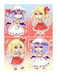  2girls :< :t absurdres ascot bat_wings blonde_hair blue_hair bow brooch chibi chibi_only closed_mouth collared_shirt commentary_request crystal crystal_wings fang flandre_scarlet frilled_shirt_collar frilled_skirt frilled_wrist_cuffs frills hair_bow hat hat_ribbon highres jewelry looking_at_viewer missing_headwear mob_cap multicolored_wings multiple_girls musical_note one_side_up open_mouth pout puff_of_air red_bow red_eyes red_shoes red_skirt red_vest red_wrist_cuffs remilia_scarlet ribbon sad shirt shoes siblings single_wrist_cuff sisters skin_fang skirt skirt_set sleeve_bow smile tearing_up touhou vest wakana1327 white_hat white_shirt white_skirt wings wrist_cuffs yellow_ascot 