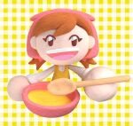  1girl apron ball_hands bemmpo blender_(medium) brown_hair chibi chibi_only collared_shirt commentary cooking cooking_mama english_commentary gingham_background headscarf looking_at_viewer mama_(cooking_mama) open_mouth pink_headscarf shirt smile solo spoon white_shirt wooden_spoon yellow_apron 