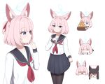  2girls absurdres animal_ears black_hair black_pantyhose black_skirt blue_archive blue_eyes blue_halo breast_pocket closed_eyes commentary food fox_ears fox_girl halo highres long_hair long_sleeves looking_at_viewer medium_hair multiple_girls nashu niko_(blue_archive) open_mouth pantyhose pink_hair pocket red_eyes red_halo school_uniform shaded_face simple_background skirt yukino_(blue_archive) 