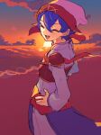  1boy beach beanie blue_hair chest_guard closed_eyes commentary_request cowboy_shot dini_(puyopuyo) facing_viewer hair_between_eyes hands_on_own_hips hat highres horizon looking_back male_focus mandarin_collar ocean open_mouth outdoors pants puyopuyo puyopuyo_quest short_hair shoulder_pads smile solo standing sun sunset urolo white_hat white_pants 