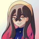  1girl :d artist_name black_hair blue_jacket carmine_(pokemon) colored_inner_hair commentary crossed_bangs english_commentary eyelashes hair_between_eyes hairband highres jacket long_hair looking_at_viewer mole mole_under_eye multicolored_hair open_mouth orezui pokemon pokemon_scarlet_and_violet red_hair smile solo two-tone_hair yellow_eyes yellow_hairband 