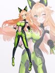  1girl :d absurdres black_bodysuit black_gloves blonde_hair bodysuit breasts cleavage clothing_cutout colored_tongue crossed_bangs cyborg fueppu full_body gloves green_bodysuit green_eyes green_tongue grin hair_between_eyes highres large_breasts long_hair looking_at_viewer mari-3d_(character) mechanical_ears multicolored_gloves multiple_views navel one_eye_closed open_mouth original smile stomach_cutout two-tone_gloves white_background 