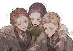 3boys :d black_hair boy_sandwich brown_hair brown_jacket casting_spell character_request closed_eyes commentary cuso4_suiwabutu diagonal-striped_clothes diagonal-striped_necktie forehead green_necktie green_scarf hand_on_another's_shoulder hand_up highres hogwarts_legacy holding holding_wand jacket lapels looking_at_another looking_at_object motion_lines multiple_boys necktie notched_lapels ominis_gaunt open_clothes open_jacket open_mouth parted_hair protagonist_(hogwarts_legacy) sandwiched scar scar_across_eye scar_on_face scarf sebastian_sallow simple_background small_sweatdrop smile striped_clothes striped_necktie upper_body wand white_background wizarding_world 