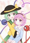 2girls ahoge black_hairband black_hat blue_shirt bow buttons closed_mouth collared_shirt commentary_request diamond_button disembodied_linked_eye eyeball frilled_shirt_collar frilled_sleeves frills green_eyes green_hair green_skirt hair_ornament hairband hat hat_bow heart heart_button heart_hair_ornament heart_of_string highres komeiji_koishi komeiji_satori long_sleeves multiple_girls pink_eyes pink_hair pink_skirt ribbon-trimmed_collar ribbon_trim shirt siblings sisters skirt smile toriki_fukuro touhou wide_sleeves yellow_bow yellow_shirt 
