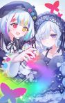  2girls :d absurdres bare_shoulders beret black_hat black_jacket black_ribbon blue_dress blue_hairband bow bug butterfly collarbone collared_shirt colored_tips commentary_request contrast_collar crescent crescent_necklace dress dress_bow frilled_dress frilled_hairband frilled_sleeves frills gothic_lolita hair_bow hair_over_one_eye hair_ribbon hairband hat heterochromia highres holding holding_spray_can jacket jacket_partially_removed jewelry jogasaki_noah layered_sleeves lolita_fashion lolita_hairband long_hair long_sleeves mahou_shoujo_no_majo_saiban multi-tied_hair multicolored_eyes multicolored_hair multiple_girls natsume_an-an neck_ribbon necklace nifuji off-shoulder_dress off_shoulder open_mouth polka_dot polka_dot_bow purple_eyes red_eyes ribbon see-through_hair shirt sleeve_bow sleeves_past_fingers sleeves_past_wrists smile spray_can streaked_hair white_hair white_shirt wide_sleeves yellow_eyes 