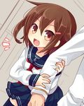  admiral_(kantai_collection) arm_hug brown_eyes brown_hair fang hair_ornament hairclip ikazuchi_(kantai_collection) kantai_collection looking_at_viewer nagasioo open_mouth short_hair solo_focus thighhighs 