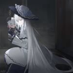  1girl absurdres artist_name black_gloves capelet character_doll closed_mouth commentary dated doll dress flower frilled_capelet frilled_dress frilled_sleeves frills gloves hat hat_flower highres holding holding_doll layered_dress long_hair long_sleeves mahou_shoujo_no_majo_saiban sakuraba_ema signature sitting solo spoilers tsukishiro_yuki very_long_hair white_capelet white_dress white_eyes white_hair white_hat wide_sleeves yandereyuri 