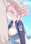  1boy 1girl absurdres bikini blue_archive blue_bikini blue_halo breasts censored commentary cropped_rash_guard cum cum_in_mouth cum_on_body daram_(shappydude) deepthroat facial fellatio hair_bun halo hands_on_another's_head head_grab hetero highres irrumatio kokoro_(blue_archive) large_breasts mosaic_censoring oral penis pink_eyes pink_hair rash_guard swimsuit 