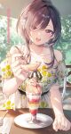  1girl absurdres bare_shoulders belt black_belt black_hair commentary_request deruta_to_ganma_no_rigakubu_noto dress feeding_viewer floral_print flower food hair_between_eyes hair_flower hair_ornament highres holding holding_spoon ice_cream iwama_rio looking_at_viewer novel_illustration official_art open_mouth purple_eyes second-party_source smile solo spoon teeth toosaka_asagi upper_teeth_only white_dress 