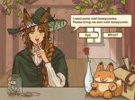  1boy :d androgynous animal_ears blanblan_che box braid brick_wall cardboard_box cloak counter degrees_of_lewdity door english_text finger_to_mouth flower fox_boy fox_ears freckles good_pizza_great_pizza green_cloak green_eyes green_hat gwylan_(degrees_of_lewdity) gwylan_(male)_(degrees_of_lewdity) hand_up hat hat_flower hood hood_down index_finger_raised indoors jar long_hair long_sleeves looking_at_viewer plant red_flower red_rose rose scene_reference shop sidelocks single_braid slit_pupils smile solo stuffed_fox sweater tareme teeth tip_jar turtleneck turtleneck_sweater upper_body upper_teeth_only vase video_game_dialogue_box vines white_sweater window witch_hat wooden_floor 
