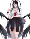  1girl absurdres amtv8428 bag black_choker black_skirt black_wings blood blood_halo blue_archive bracelet breasts choker clothes_around_waist collared_shirt commentary dango english_commentary food from_below gyaru halo highres holding holding_food jacket jacket_around_waist jewelry large_breasts liquid_halo looking_at_viewer low_wings red_eyes red_halo shirt shoulder_bag simple_background skirt tsurugi_(blue_archive) wagashi wings 