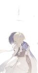  1boy 1girl akasaki_aimu arm_around_another's_waist armor belt black_belt black_bridal_gauntlets black_corset black_shorts blonde_hair blue_cape blue_flower blue_trim bridal_gauntlets cape clothing_cutout commentary_request corset couple cross-laced_clothes cross-laced_corset dress english_text eyelashes facing_down facing_to_the_side falling_petals flower furisode genshin_impact hair_flower hair_ornament hand_on_another's_arm hand_on_another's_back hetero highres hip_vent hug japanese_armor japanese_clothes kimono kote kurokote lumine_(genshin_impact) mixed-language_text multicolored_flower petals scaramouche_(genshin_impact) scarf short_hair short_hair_with_long_locks shorts side_cape sidelocks wanderer_(genshin_impact) white_background white_dress white_flower white_kimono white_scarf white_trim 