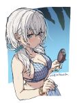  1girl aqua_nails ars_almal bare_shoulders bikini blue_bikini blue_eyes blush border bracelet breasts cleavage commentary ear_blush food from_side grey_hair hair_tie highres holding holding_food holding_ice_cream holding_popsicle ice_cream jewelry large_breasts leaf long_hair looking_at_viewer low_twintails nail_polish nijisanji outside_border popsicle pulling_another's_clothes sideboob solo summer sweat swimsuit tatami_kami twintails virtual_youtuber white_border 