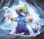  black_sclera calonarang cloak clothed_pokemon colored_sclera colored_skin fraxure green_skin grey_skin holding holding_staff hood hooded_cloak looking_at_viewer multicolored_skin no_humans open_mouth outline pokemon pokemon_(creature) red_eyes solo staff tail two-tone_skin white_cloak white_outline 