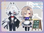  2boys animal_ear_fluff animal_ears apron belt belt_buckle black_belt black_bow black_dress black_jacket black_pants black_shoes black_streaks black_thighhighs blonde_hair body_fur border bow bowtie buckle butler buttons chalkboard_sign character_name chibi chibi_only closed_mouth commentary_request crossdressing crossdressing_(mtf) cup dress ear_piercing enmaided expressionless eyepatch fang fang_out frilled_apron frilled_sleeves frilled_wrist_cuffs frills furry furry_male grey_background grey_eyes grey_vest hair_between_eyes hair_bow hand_up heterochromia holding holding_tray holding_unworn_clothes holding_unworn_jacket hugo_vlad jacket jewelry lapels long_hair long_sleeves looking_at_viewer low_ponytail maid maid_apron maid_headdress male_focus male_maid multicolored_hair multiple_boys muzzle_(mask) off-shoulder_dress off_shoulder one_eye_covered open_clothes open_jacket outline pants parted_bangs paw_print piercing pointy_ears ponytail puffy_short_sleeves puffy_sleeves purple_border purple_bow purple_bowtie red_bow red_bowtie red_eyes ring serving_dome shirt shoes short_hair short_sleeves sidelocks sign smile standing streaked_hair sweet_love4s tail tail_belt teacup teapot thighhighs tray unworn_jacket v-shaped_eyebrows very_long_hair vest von_lycaon waist_apron white_apron white_fur white_hair white_outline white_shirt wolf_boy wolf_ears wolf_tail wrist_cuffs zenless_zone_zero 