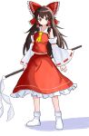  1girl ascot boots bow brown_hair commentary_request detached_sleeves frilled_bow frilled_hair_tubes frilled_skirt frills full_body gohei hair_bow hair_tubes hakurei_reimu highres holding holding_gohei long_hair red_bow red_eyes red_skirt ribbon-trimmed_sleeves ribbon_trim simple_background skirt skirt_set solo touhou very_long_hair vold white_boots yellow_ascot 