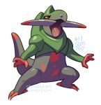 2017 artist_name black_sclera claws clouded-3d colored_sclera colored_skin commentary fraxure green_skin grey_skin multicolored_skin no_humans open_mouth pokemon pokemon_(creature) red_eyes simple_background solo tail tumblr_username two-tone_skin web_address white_background 