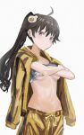  1girl absurdres ahoge araragi_karen breasts brown_hair cokei commentary_request highres jacket long_hair long_sleeves looking_at_viewer monogatari_(series) navel ponytail ribbon simple_background solo standing underboob yellow_ribbon 