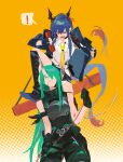  ! 2girls absurdres anger_vein angry annoyed arknights armor bare_shoulders black_boots black_jacket black_shirt blue_hair boots breastplate ch'en_(arknights) chinese_commentary closed_eyes commentary_request corded_phone dragon_girl dragon_horns dragon_tail green_hair hair_between_eyes highres holding holding_phone horns hoshiguma_(arknights) jacket knee_boots long_hair looking_down multiple_girls necktie open_mouth phone red_eyes shirt single_horn skin-covered_horns smile spoken_exclamation_mark standing standing_on_person tail tail_wagging v-shaped_eyebrows white_shirt yellow_background yellow_necktie zhangyu_ren 
