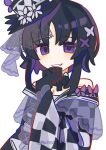  1girl absurdres artist_name bare_shoulders black_gloves black_hair black_hat black_kimono butterfly_hair_ornament butterfly_hat_ornament checkered_sleeves commentary_request dot_nose dress flower frilled_sleeves frills furisode gloves hair_ornament hat hat_flower hat_ornament highres housho_margo japanese_clothes kimono lolita_fashion long_sleeves looking_at_viewer mahou_shoujo_no_majo_saiban manosaka665 neck_ribbon off-shoulder_dress off_shoulder purple_eyes ribbon short_hair signature simple_background smile solo teeth top_hat twitter_username upper_body wa_lolita white_background wide_sleeves 