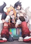  3girls absurdres animal_ear_fluff animal_ear_piercing animal_ears black_boots black_hair black_jacket black_skirt black_vest blonde_hair blue_eyes boots commentary_request dog_ears dog_girl dog_tail grey_hair grin gsong-chan highres hood hoodie jacket kmnz knee_cutout lita_(kmnz) long_hair looking_at_viewer medium_hair midriff_peek multicolored_hair multicolored_jacket multiple_girls nero_(kmnz) on_television open_clothes open_vest pants purple_eyes red_pants simple_background sitting skirt smile tail television tina_(kmnz) two-tone_hair two-tone_jacket two_side_up vest virtual_youtuber white_background white_boots white_hoodie white_jacket 