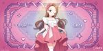  1girl ;) artist_name asymmetrical_dress border bow brown_eyes brown_hair clothes_lift collarbone commentary_request copyright_name cowboy_shot dress dress_bow dress_lift earrings guest_art hair_bow highres idolmaster idolmaster_(classic) inset_border jewelry large_bow light_blush long_hair looking_at_viewer minase_iori nail_polish official_art one_eye_closed orange_border pink_background pink_bow red_nails second-party_source shigure_ui smile solo striped_bow thighhighs two-tone_dress white_bow white_thighhighs 