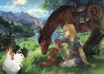  bird blonde_hair blue_eyes castle chicken earrings epona gloves horse jewelry link long_hair male_focus pointy_ears ponytail ram_(moekki) scenery smile the_legend_of_zelda the_legend_of_zelda:_breath_of_the_wild volcano water 