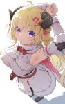  1girl ahoge animal_ears armpit_focus armpits arms_behind_head belt_pouch black_boots blonde_hair boots bow bowtie braid breasts brooch cape closed_mouth detached_sleeves dress fur-trimmed_cape fur-trimmed_dress fur-trimmed_sleeves fur_trim hair_ornament hairclip half_up_braid highres hololive horns jewelry large_breasts long_hair looking_at_viewer pink_cape pouch presenting_own_armpit purple_eyes red_bow red_bowtie ryuga_(balius) sheep_ears sheep_girl sheep_horns simple_background sleeveless sleeveless_dress solo stretching tsunomaki_watame tsunomaki_watame_(1st_costume) very_long_hair virtual_youtuber white_background white_dress 
