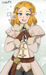  1girl alternate_costume artist_name belt blonde_hair blush breath brown_belt brown_coat brown_gloves coat commentary english_commentary eyelashes gloves green_eyes hair_ornament hairclip heart highres karbuitt medium_hair multiple_hairclips open_mouth own_hands_together pointy_ears princess_zelda smile snowflakes teeth the_legend_of_zelda the_legend_of_zelda:_tears_of_the_kingdom thick_eyebrows triforce upper_teeth_only winter_clothes 