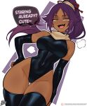  1girl :d absurdres black_gloves black_leotard black_thighhighs bleach breasts bright_pupils commentary cowboy_shot dark-skinned_female dark_skin dutch_angle elbow_gloves english_commentary english_text fang floating_hair gloves highres large_breasts leotard long_hair looking_at_viewer open_mouth outline parted_bangs ponytail purple_hair scarf shihouin_yoruichi skin_fang skindentation smile smug speech_bubble srbready thick_thighs thighhighs thighs white_background white_outline white_pupils white_scarf yellow_eyes 
