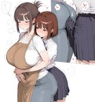  ... 2girls absurdres age_difference apron ass black_skirt blue_pants breasts brown_apron brown_hair bulge closed_mouth commentary_request denim erection erection_under_clothes folded_ponytail futa_with_female futanari heart highres hug hug_from_behind jeans large_breasts mature_female multiple_girls original pants pleated_skirt poking_ass poking_with_penis shirt short_hair skirt smile spoken_ellipsis spoken_heart white_background white_shirt xipa 