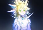  1boy alien_888 antenna_hair arms_at_sides black_background blonde_hair coat commentary crack_of_light evil_smile eyes_visible_through_hair facial_mark facing_viewer green_eyes hair_between_eyes high_collar highres kuaidul_velgear long_hair long_sleeves looking_ahead male_focus shoulder_pads smile spiked_hair upper_body vignetting white_coat yu-gi-oh! yu-gi-oh!_go_rush!! 
