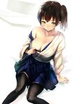  bismarcho black_legwear blush breasts brown_hair cleavage japanese_clothes kaga_(kantai_collection) kantai_collection large_breasts long_legs looking_at_viewer off_shoulder shirt_tug short_hair side_ponytail sitting skirt solo thighhighs 