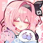  1girl arknights black_hairband commentary dress hair_between_eyes hairband highres holding jacket long_sleeves looking_at_viewer open_clothes open_jacket pink_hair pudding_(arknights) shirocha_tei short_hair simple_background solo stuffed_seal stuffed_toy thick_eyebrows turtleneck 