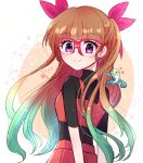  1girl aqua_hair black_shirt blush bow brown_hair closed_mouth commentary_request cropped_shirt fisher_sukai glasses gradient_hair hair_bow long_hair looking_at_viewer multicolored_hair ohdo_yuamu purple_eyes red-framed_eyewear red_bow red_shirt red_skirt red_streaks s_ebi shirt skirt smile solo streaked_hair two-tone_hair very_long_hair yu-gi-oh! yu-gi-oh!_go_rush!! 