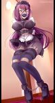  1girl absurdres apron armbinder arms_behind_back bagelbomb ball_gag bdsm belt_bondage black_collar blush bondage bound bound_ankles bound_legs bound_thighs breasts collar commentary crotch_rope cuffs english_commentary fate/grand_order fate_(series) gag gag_chinstrap gag_harness gagged high_heels highres large_breasts leash long_hair maid maid_apron maid_headdress one_eye_closed rope scathach_(fate) shibari skirt solo twitter_username very_long_hair 