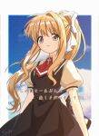  1girl absurdres air_(visual_novel) arms_at_sides ascot black_dress blonde_hair blue_eyes border collared_shirt commentary_request cowboy_shot cross_ornament crosspuzzle day dress film_grain floating_hair hair_between_eyes hair_ribbon highres kamio_misuzu long_hair looking_ahead outdoors outside_border parted_lips pinafore_dress ponytail puffy_short_sleeves puffy_sleeves red_ascot ribbon school_uniform shirt short_sleeves sidelocks signature single_hair_intake sleeveless sleeveless_dress smile solo tareme translation_request very_long_hair white_border white_ribbon white_shirt 