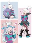  1girl absurdres animal_hug bone boots border bra_strap colored_sclera colored_skin commentary_request dress forehead heart highres hug jellyfish koffing lizard lizard_tail mind_control multicolored_hair_bobbles multicolored_skin nihilego on_head partial_commentary platform_boots poison_type_theme_(pokemon) pokemon pokemon_(creature) pokemon_black_2_and_white_2 pokemon_on_head purple_eyes purple_sclera purple_skin roxie_(pokemon) salazzle simple_background skull_and_crossbones snout solo striped_clothes striped_dress tail tentacles topknot white_hair zonbi_no_mokushiroku 