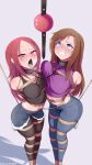  2girls absurdres arms_behind_back bagelbomb ball_gag bdsm blue_eyes blush bondage borrowed_character bound bound_ankles bound_arms bound_legs bound_thighs bound_together bound_torso breast_press breasts brown_hair clenched_teeth collar commentary commission crop_top crotch_rope cutoffs denim denim_shorts english_commentary fang gag heart heart-shaped_pupils highres jeans large_breasts lauren_(franky62009) linked_collar long_hair lucine_(hinatachan1177) medium_breasts midriff multiple_girls open_mouth original pants pantyhose pantyhose_under_shorts parted_bangs red_eyes rope shorts skin_fang symbol-shaped_pupils symmetrical_docking tank_top tape tape_bondage taped_hands teeth tongue tongue_out unworn_gag white_background 